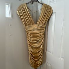 Gold Vintage Low Cut Dress Side Zipper Dress Hits Above Knee Low Cut Dress, Low Cut Dresses, Cut Dress, Zipper Dress, Dresses Vintage, Bebe Dresses, Dress Zipper, Gold Dress, Above Knee