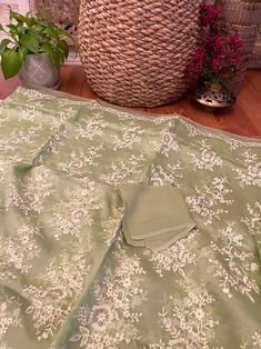 Light Pistachio Green Embroidered Pure Organza Saree With Scallop Border Light Green Organza Saree - Etsy Green Organza Saree, Jaal Embroidery, Scallop Border, Kutch Work, Desi Girl, Pistachio Green, Tussar Silk Saree, Organza Saree, Pastel Blue