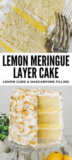 lemon meringue layer cake on a plate with the rest of the cake in the background