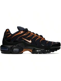 Nike 
Black & Orange Air Max Plus Sneakers 
Low-top lightweight mesh sneakers in black and orange. 
. Rubberized trim and gradient effect throughout 
. Lace-up closure 
. Logo patch at padded tongue and heel counter 
. Padded collar 
. Swoosh appliqué at sides 
. Tuned Air technology at footbed 
. Mesh lining 
. Air Sole unit at foam rubber midsole 
. Treaded rubber sole 
Please note that this item may be shipped only within North America. 
Supplier color: Dark obsidian/White/Monarch 
Upper: tex Orange Athleisure Sneakers With Laces, Technical Sneakers With Branded Insole For Streetwear, Orange Synthetic Sneakers For Streetwear, Orange Sneakers With Laces For Jogging, Black Nylon Running Shoes For Streetwear, Black Technical Sneakers With Air Cushioning, Functional Orange Low-top Sneakers, Sporty Orange Basketball Shoes For Streetwear, Orange Low-top Dynamic Sneakers