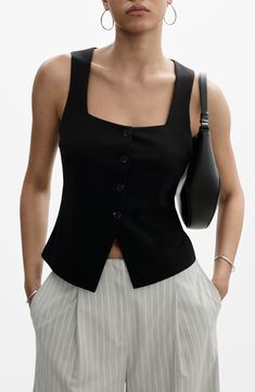 Vests are back in a big way, and a square-necked, cutaway option is a novel way to take on the trend. Front button closure Square neck Lined 97% polyester, 3% elastane Machine wash, line dry Imported Fitted Tops For Night Out, Elegant Black Square Neck Top, Chic Square Neck Tops, Trendy Fitted Tops For Business Casual, Elegant Square Neck Elastane Top, Elegant Square Neck Top In Elastane, Square Neck Tops For Workwear In Fall, Chic Structured Tailored Tops, Fall Workwear Tops With Square Neck