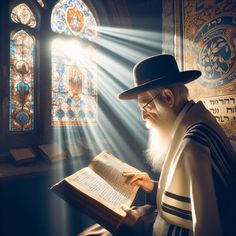 an old man reading a book in front of stained glass windows with sunlight streaming through