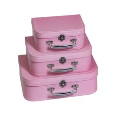 three pink suitcases stacked on top of each other