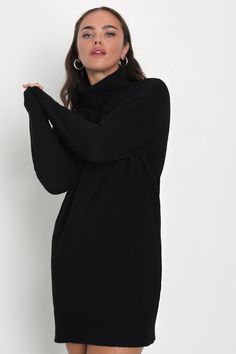 Pickup a warm bevvy and embrace the changing season in style with the Lulus Frosty Forecast Black Turtleneck Long Sleeve Sweater Dress! Ultra soft and cozy sweater knit shapes a chic turtleneck that flows into a contrasting, triangular ribbed knit detail. The relaxed silhouette is framed by long sleeves and ends at a flirty hem. Ribbed knit accents the cuffs and hem. Fit: This garment fits true to size. Length: Mid-thigh. Size medium measures 32" from shoulder to hem. Bust: Great for any cup siz Elegant Solid Sweater Dress For Winter, Elegant Solid Color Winter Sweater Dress, Elegant Soft Knit Long Sleeve Turtleneck, Elegant Soft Knit Turtleneck For Fall, Elegant Soft Knit Turtleneck For Winter, Elegant Soft Knit Winter Turtleneck, Fall Turtleneck For Loungewear, Chic Sweater Dress For Winter, Elegant Knit Sweater Dress For Fall