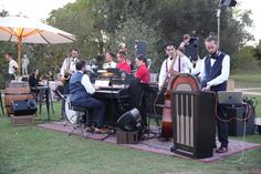 a group of people that are standing in the grass with musical instruments and music equipment