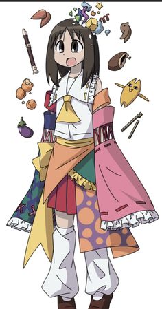 an anime character with many items around her