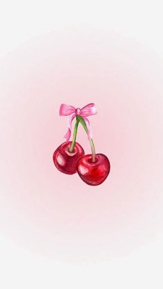 two cherries tied with a pink ribbon on top of a pink background in the shape of a bow