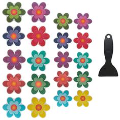 felt flower shapes with a black handle on a white background, including red, green, yellow and blue flowers