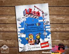 the lego movie birthday party thank card is displayed on a wooden table with an image of two