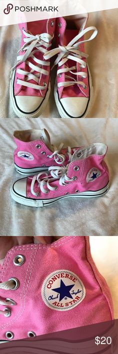 Pink High Top Converses - LIKE NEW Super cute pink converse high tops.. size 6 women’s/4 men’s! Only worn once, can barely tell. Converse Shoes Sneakers Pink High Top Converse, Converse Store, Pink High Tops, Pink Converse, Street Style Paris, Shoes Outlet