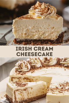 three different types of cheesecakes with the words, irish cream cheesecake