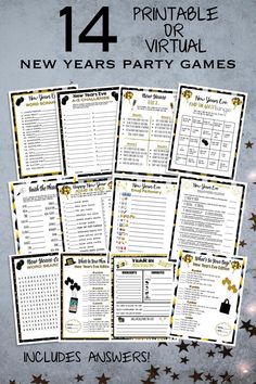 printable new years party games for adults and children with gold stars on the background