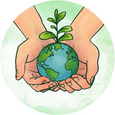 two hands holding a small green plant on top of a blue and white circle with the earth in it