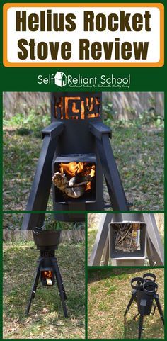 an outdoor stove is shown with the words hellus rocket stove review on top and below it