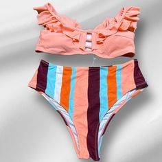 Cupshe Bikini Size Small On Or Off Shoulder Top Lined And Padded Top Lined Bottom Cute Cutout Top Front Ruffle Shoulders Sherbet, Blue, Orange, Burgundy, White Colors 80% Nylon 20% Spandex Lining: 90% Polyester 10% Spandex Approximate Measurements: Waist 13.5” - 16” P2p 14”-17” All Items Come From A Smoke Free Home Shipping Within 1-3 Business Day Vegas Finds Is A Current Five Star Seller And Posh Ambassador. We Have A Fast Shipping Time So You Can Shop With Confidence On Our Page. Thank You For Cupshe Bikinis, High Waisted Bathing Suits, Cutout Top, Padded Top, Swim Tankini, Reversible Bikinis, Off Shoulder Top, Womens Bathing Suits, White Colors