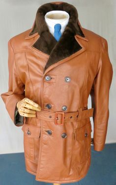 How much do I love this?! Well, for those of you who have been watching WtCM for several years, you may remember I sold my own EXACTLY the same Borg coat (size 36-8") . It's just a brill shorty car coat in striking orange tinged tan leather with a brown synthetic fur collar and lining. The finish and stying is excellent and that lining is plush and warm. This one has had wear but it's al there and the lining is very clean. 42" + chest : 24" p-p/ 21" shoulder/ 25.5" sleeve/ 34" length 120£ 70s Fur Coat, Fur Coat Men, Car Coat, Fur Collar, Fur Collars, Wool Jacket, Tan Leather, Fur Coat, Mens Jackets