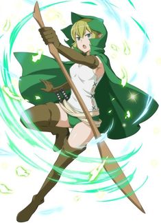 an anime character holding a spear and wearing a green cape