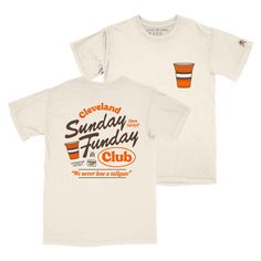 Every Sunday is a "Fun"day during Cleveland Football season! Whether your go-to tailgate spot is the Muni Lot, Warehouse District or The Pit, gear up for Game Day in this Unisex Crew T-shirt. Designed and printed right here in Cleveland on a super soft, relaxed fit, pre-shrunk, garment dyed and washed tee. 100% cotton. Note: This is a different fit from our normal tees. The tee runs shorter and has trendy boxy cut. Slight color variations may occur, given the pigment dyeing process. *This produc Staff Shirt Design, Event T Shirt Design, 2024 Tshirt Design, Retro Shirts Vintage Graphic Tees, Company T Shirt Design, Retro T Shirt Designs, Crew Shirt Design, Retro Tshirt Design, Sunday Funday Shirt