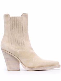 beige calf suede pointed toe ankle-length elasticated side panels leather lining branded leather insole high block heel Best Cowboy Boots, Texas Dallas, Miu Miu Shoes, Paris Texas, Harness Boots, Classic Boots, Boot Pumps, Designer Boots, Ballet Flat Shoes