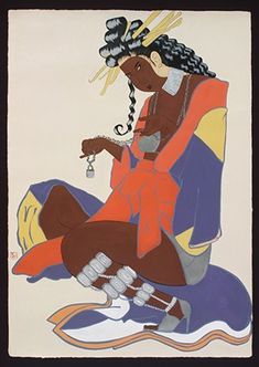 a drawing of a woman sitting on the ground with her hands in her pockets and holding a bead