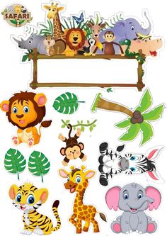 a bunch of animals that are on top of a shelf with a sign in the middle