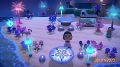 an animated image of a beach with flowers and plants on it, surrounded by lights