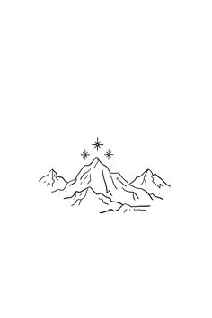 a black and white drawing of a mountain with stars on it's peaks