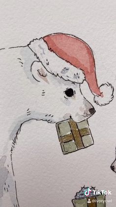 a drawing of a polar bear wearing a santa hat and holding a christmas present box