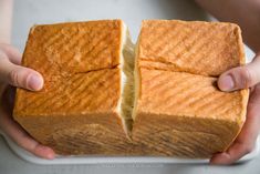 two hands holding a piece of bread on top of a white plate with another hand