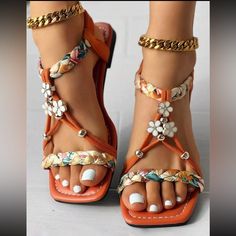 Women's Beaded Roman Bohemian Style Orange Flat Sandals For Beach Holiday Sz 43 I’m Happy To Answer Any Questions Orange Flats, Shein Shoes, Sandals Patterns, Fashion Shoes Sandals, Braided Sandals, Womens Chunky Heels, Chic Type, Square Toe Heels, Estilo Chic