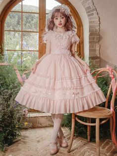 Sakura Pink Puff Sleeves Princess Beads Ruffle Neckline Lolita One Piece Pink Apron, Tulle Top, Wallpaper Photos, Outfits With Hats, Steampunk Fashion, Lolita Dress