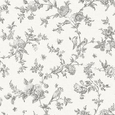 a white and gray floral wallpaper with birds, flowers and leaves on it's side