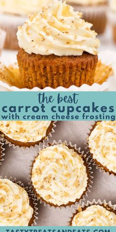 the best carrot cupcakes with cream cheese frosting on top are shown here