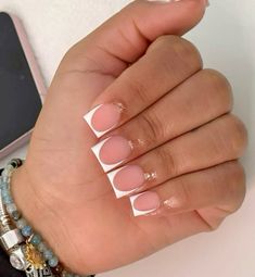 Frenchies Short Nails, Short Short French Tip Acrylic Nails, Short Matte French Tip Nails, French Shorties Nails, Cute Square Shaped Nails, Decorated French Tip Nails, Shortie French Tip Nails, Deep French Short Nails, French Tip Duck Nails Short