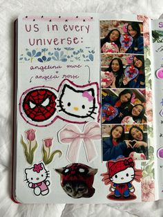 an open book with hello kitty stickers on the front and back pages, along with pictures of people