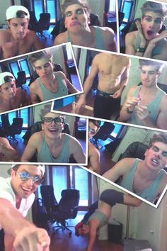 a collage of photos showing the same shirtless man in various poses and expressions