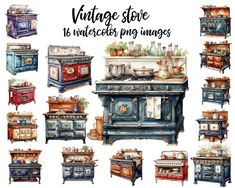 vintage stoves and cabinets painted in watercolor on white paper with the words, antique stove