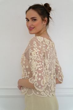 Lace Crochet Top, Cotton Crochet Jacket, Beige Handknit Top, Bridal Crochet Top Fitted Lace For Mother Of The Bride, Fitted Scalloped Lace Top For Wedding, Cream Lace Top For Wedding, Elegant Cream Lace Top For Wedding, Elegant Beige Crochet Lace Top, Elegant Beige Lace Top With Crochet Details, Elegant Wedding Crochet Lace Top, Fitted Cream Blouse For Wedding, Beige Lace Tops For Wedding