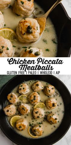 chicken piccata meatballs with lemon sauce in a skillet