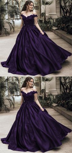 Purple wedding dresses Elegant Purple Evening Dress For Quinceanera, V-neck Gown For Debutante Ball And Prom, Purple V-neck Wedding Gown, V-neck Purple Gown For Prom Season, Satin V-neck Ball Gown For Wedding, V-neck Satin Ball Gown For Wedding, Green Prom Dress Ball, Dark Green Ball Gown, Purple Wedding Dresses