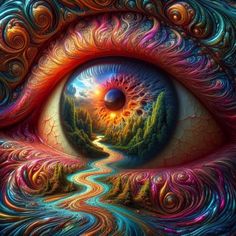 an eye that is looking into the sky with colorful swirls and trees on it