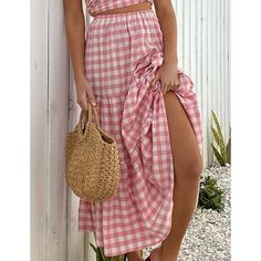 Pink Plaid Print Pocketed Maxi Skirt Cotton Maxi Skirt For Summer Brunch, Casual Midi Skirt For Vacation, Summer Lined Skirt For Picnic, Casual Fitted Skirt For Picnic, Summer Picnic Lined Skirt, Trendy Summer Brunch Skirt, Trendy Summer Skirt For Brunch, Summer Tiered Skirt For Picnic, Trendy Midi Skirt For Vacation