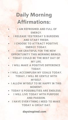 a pink and white photo with the words daily morning affirmations on it