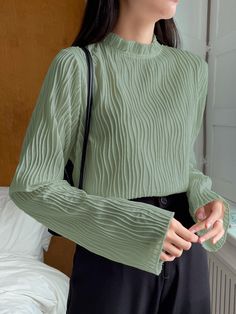 Mint Green Casual Collar Long Sleeve Fabric Plain  Embellished Non-Stretch  Women Tops, Blouses & Tee Blouse Pattern Sewing, Fashion Gallery, Women T Shirts, Shein Tops, Blouse Pattern, Women Tops, No Frills, Mint Green, Women Clothing