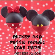 two mickey and minnie mouse cake pops on a red background