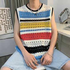 Advbridge Summer Sweater Vest Men Chic All-match Males Streetwear Beach Style Korean Fashion Cozy Knitwear College Unisex Daily Summer Sweater Vest, Knitted Camisole, Outfit College, Loose Vest, Summer Sweater, Vest Men, Coat Women Fashion, Summer Streetwear, Summer Sweaters