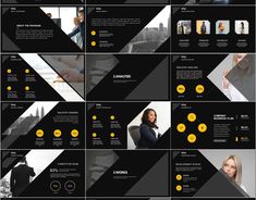 a black and yellow presentation board with many different images