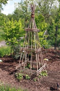 a wooden structure made out of sticks in the woods