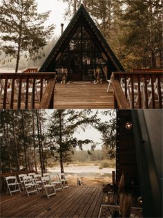 two pictures of the inside of a cabin with chairs on it and trees in the background