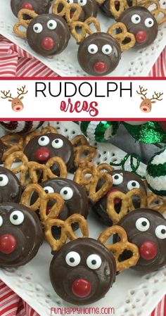 chocolate covered pretzels with reindeer noses on them